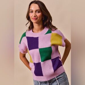 SO ME Mardi Gras Check Plaid Casual Sweater Top 10010021890